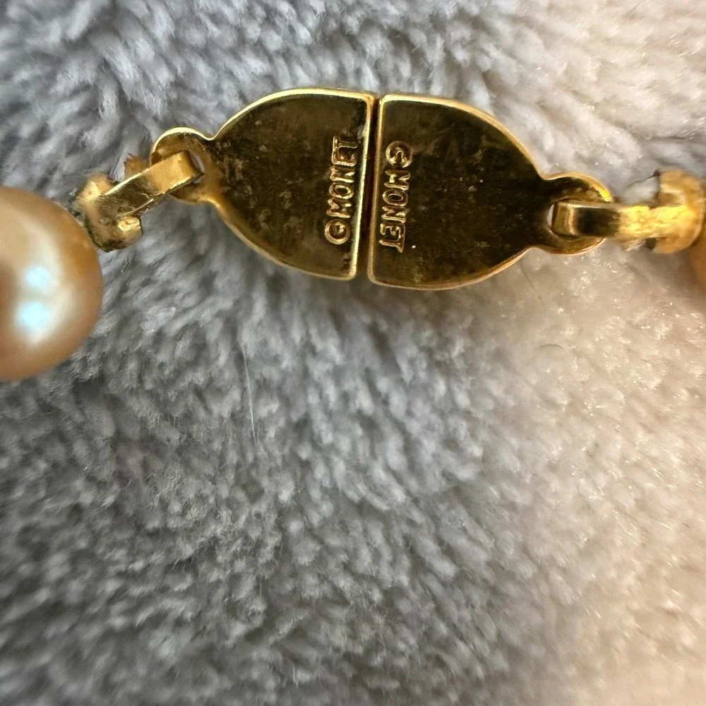 Vintage Monet Pearl Necklace Signed Gold-Tone Clasp Long Strand‎